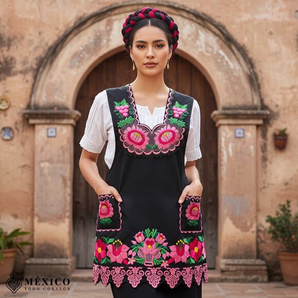 Black Mexican Embroidered Apron – Premium Cotton Blend Apron with Pink Floral - Picture 1 of 9